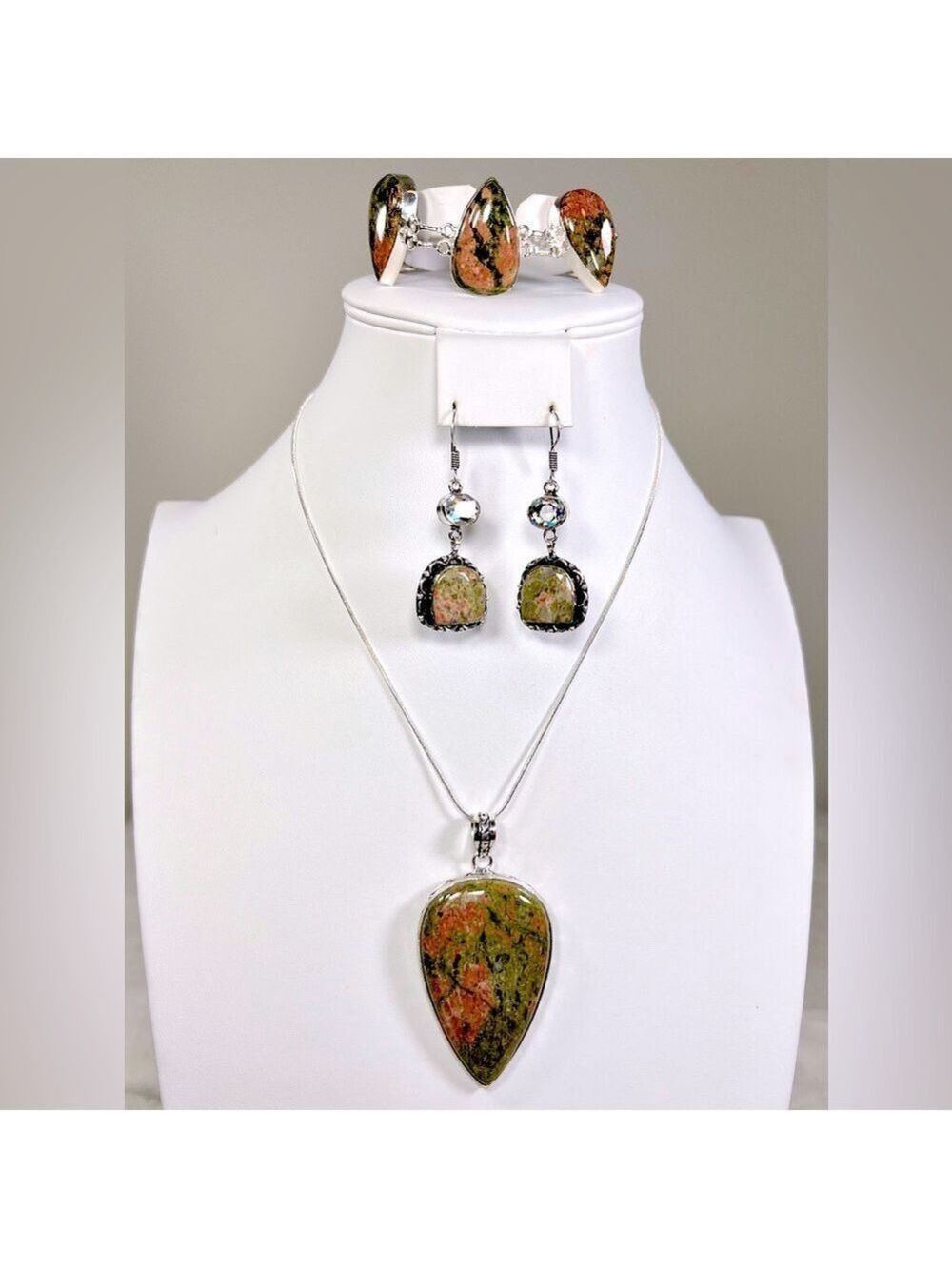 Unakite 925 Gemstone Pendant Bracelet Earrings Set